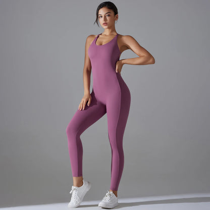 Damen-Yoga-Bodysuit mit Push-up, ärmellos, rückenfrei, langes Bein, lila