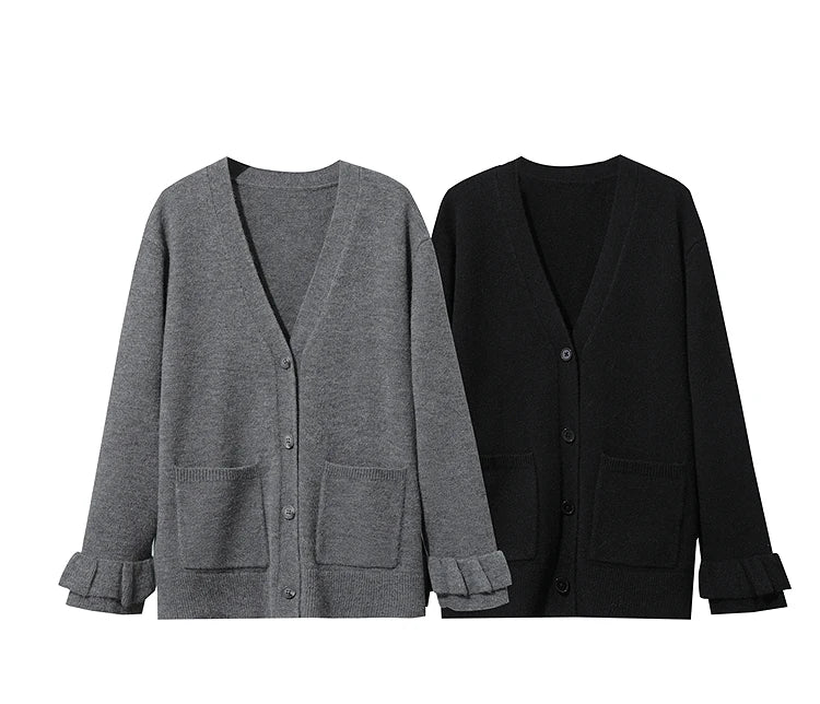 Damen-Strickjacke Wolle V-Ausschnitt Pendler einreihig locker Winter