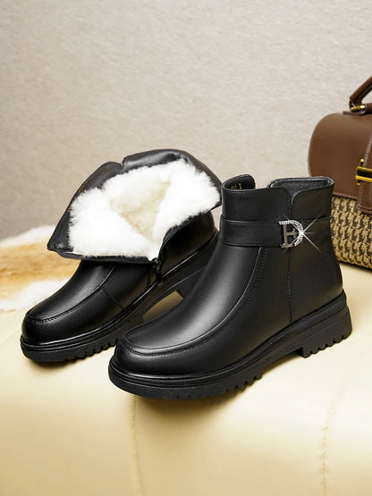 Damen Schneestiefel aus echtem Leder mit rutschfester Sohle und Wolle