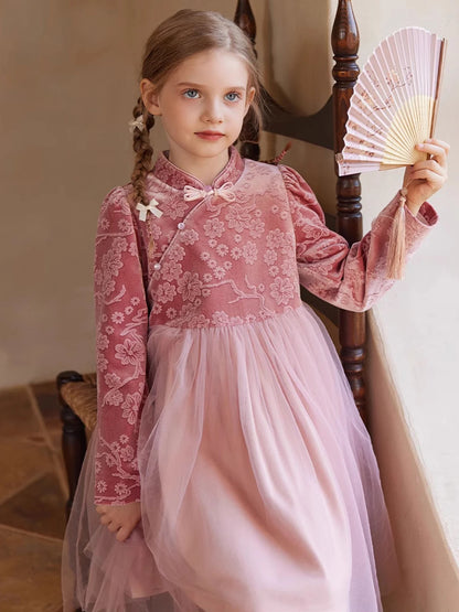 Schwarzes Patchwork-Kleid mit Pailletten für Mädchen – Herbstliches, modisches Design für Kinder von 110cm bis 160cm