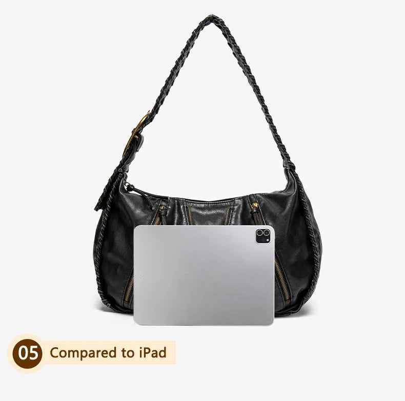 Damen-Hobo-Handtasche Vintage-Stil aus weichem Kunstleder mit geflochtenem Tragegurt und Mehrfach-Reißverschlussfächern