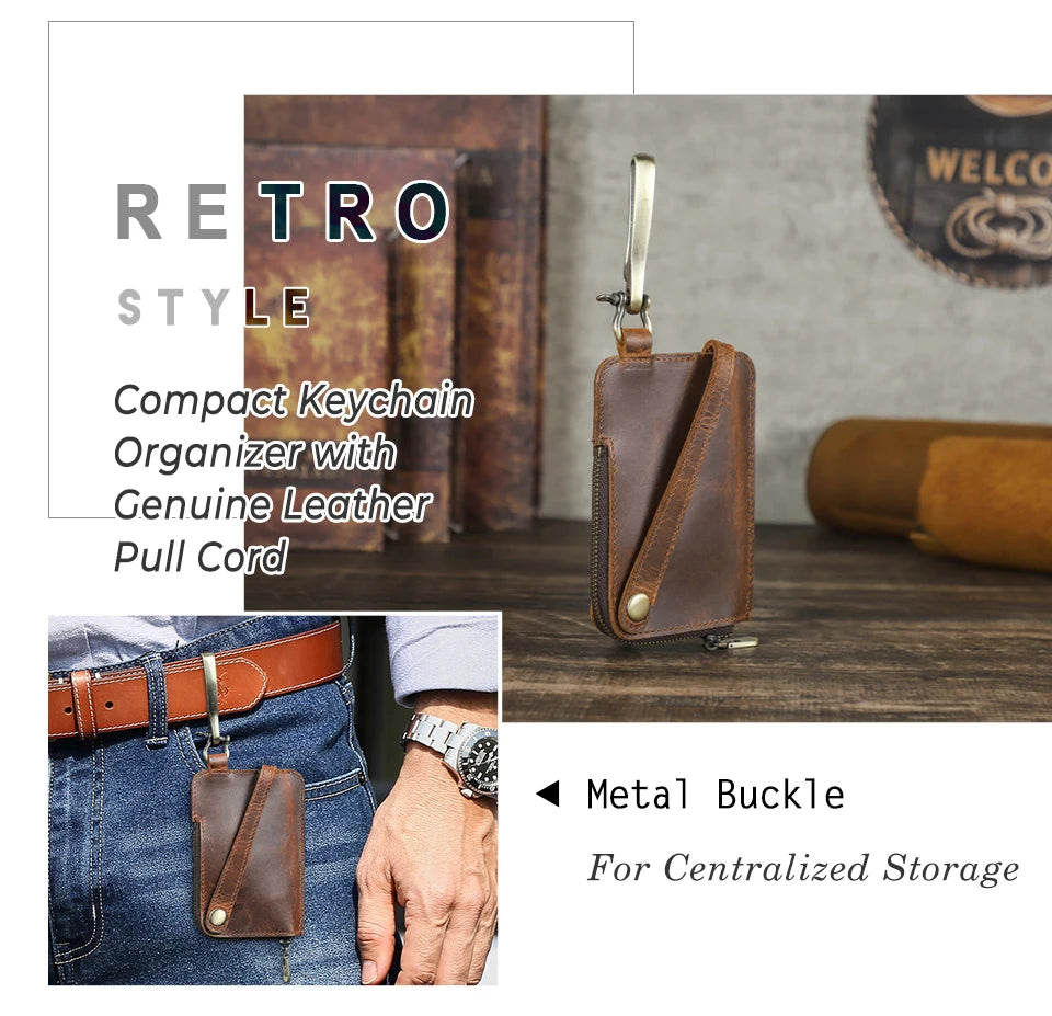 Braune Vintage-Schlüssel-Ledertasche mit Metall-Buckle für zentrierte Aufbewahrung