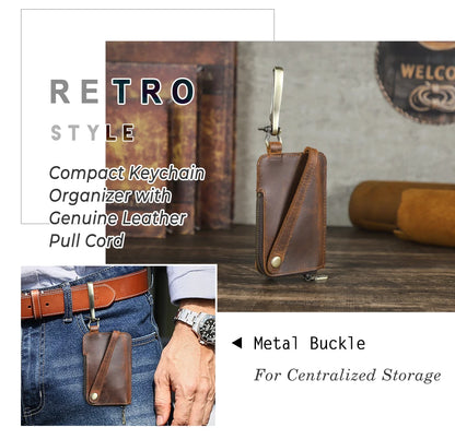 Braune Vintage-Schlüssel-Ledertasche mit Metall-Buckle für zentrierte Aufbewahrung