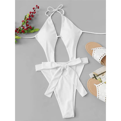 Damen Badeanzug Cut-Out Neckholder Trikini hoher Beinausschnitt Monokini gepolstert