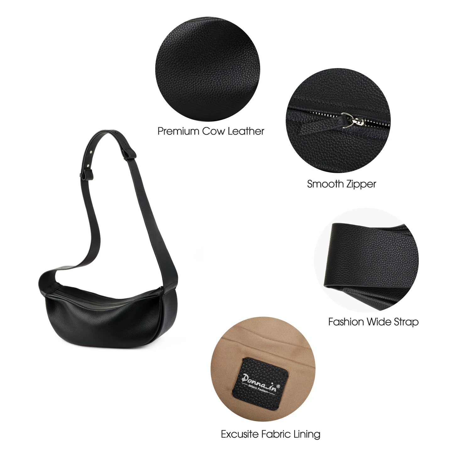 Echtleder Schultertasche Crossbody Schwarz Breiter Tragegurt
