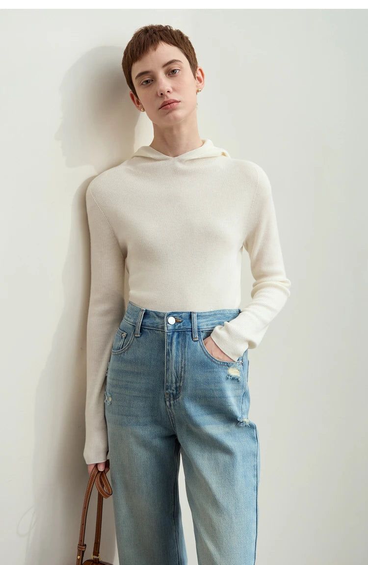 Damen-Kapuzenpullover Wolle-Polyester nahtlos gerade einfarbig Herbst