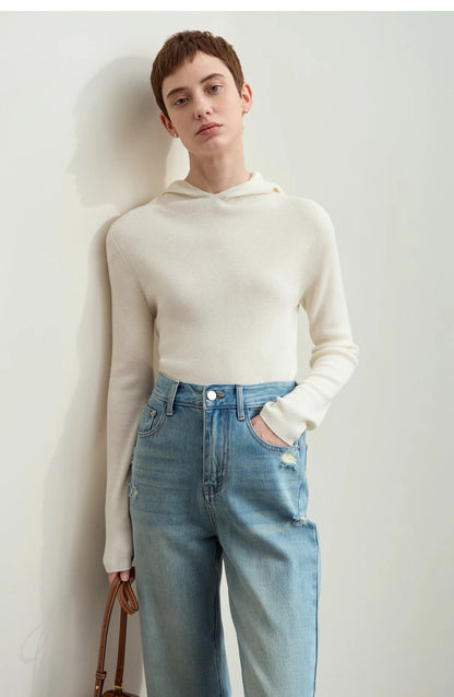 Damen-Kapuzenpullover Wolle-Polyester nahtlos gerade einfarbig Herbst