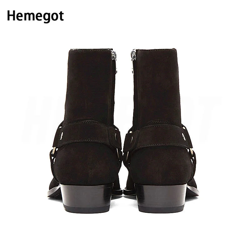 Chelsea-Boots Rückansicht mit seitlichem Reißverschluss, Schnallriemen, Wildleder schwarz