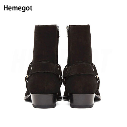 Chelsea-Boots Rückansicht mit seitlichem Reißverschluss, Schnallriemen, Wildleder schwarz
