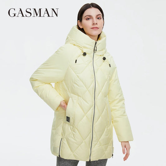 Lange Damen-Daunenjacke mit Kapuze und Taschen aus leichtem Material in modischem Pink – ideal für Herbst und Frühling.