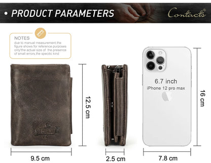 Herren Echtleder Geldbörse Vintage Trifold Haspe Reißverschluss Kartenhalter Geldclip