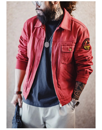 Herren Jacke Bestickte Slim-Fit Canvas Revers Mantel Zip-Up Casual