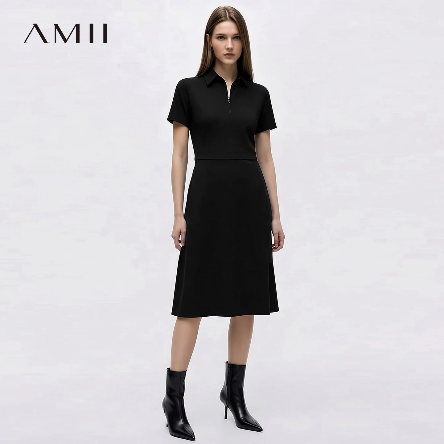 Elegantes Damen Midikleid Mit Reißverschluss Und Figurbetonter Taille