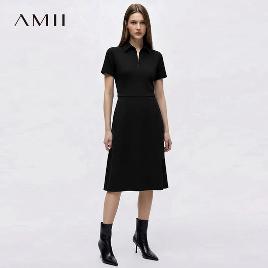 Midikleid für Damen in Schwarz mit Reißverschluss am Kragen und figurbetonter Taille