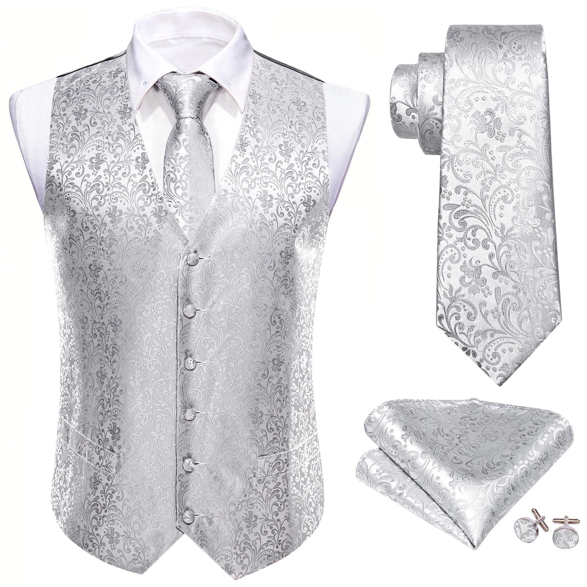 Silbergraues Herrenweste-Set mit Paisley, Krawatte und Einstecktuch, inkl. Manschettenknöpfe