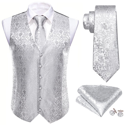 Silbergraues Herrenweste-Set mit Paisley, Krawatte und Einstecktuch, inkl. Manschettenknöpfe
