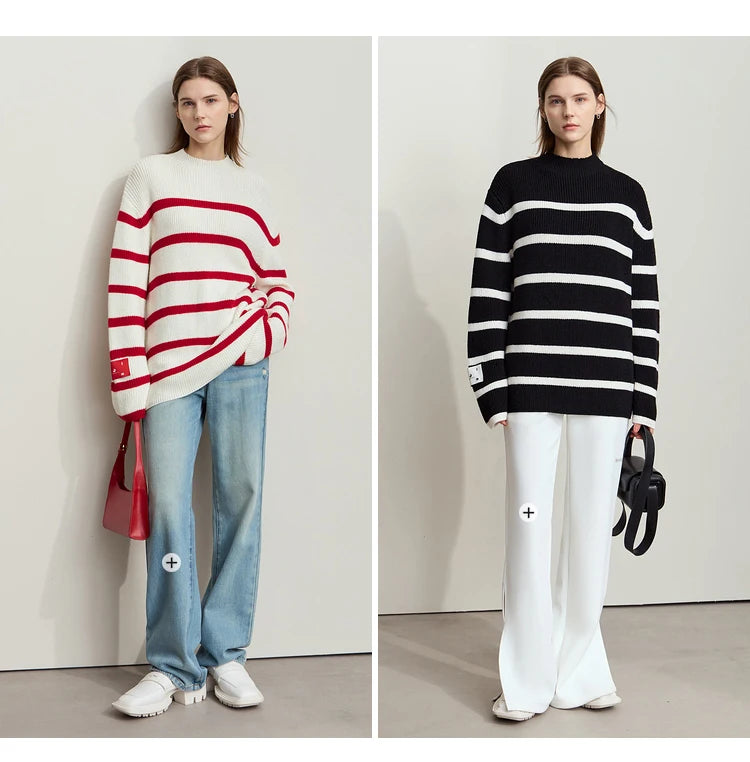 Damen-Strickjacke Streifen Stehkragen Kontrastfarben locker Weihnachten Winter