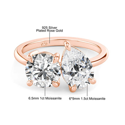 Damen-Verlobungsring mit zwei Moissanit-Steinen aus Silber 925 und 18K-Goldplattierung