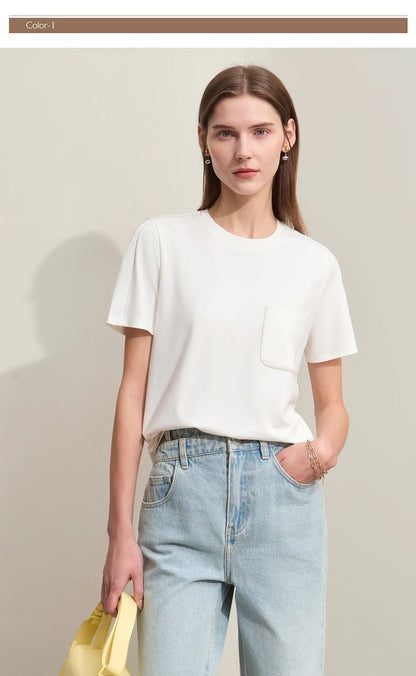 Damen Sommer-T-Shirts im minimalistischen Stil mit O-Ausschnitt und kurzen Ärmeln