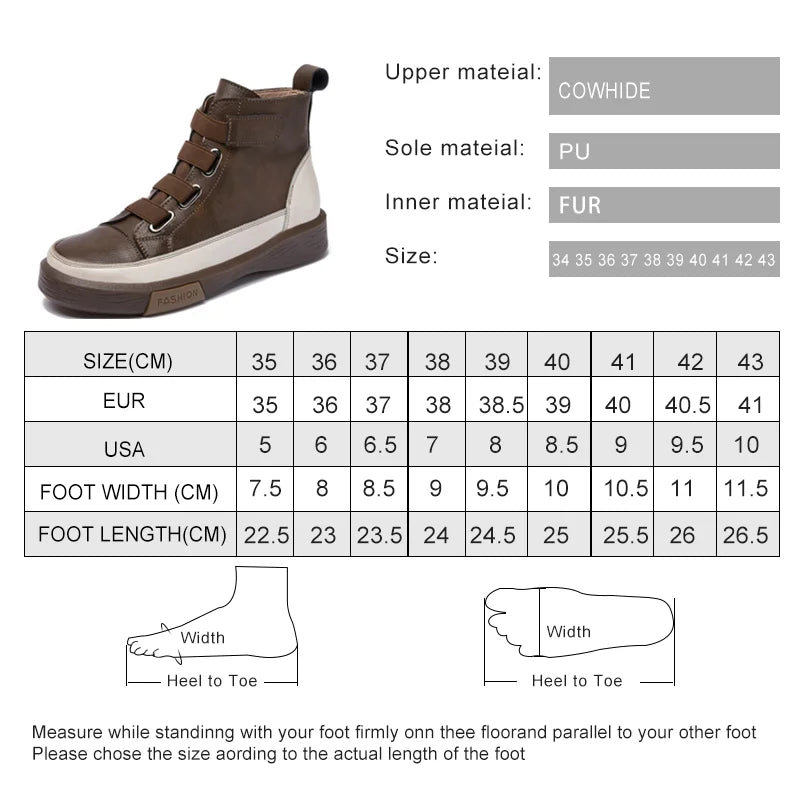 Damen Winterstiefel Größen- und Materialtabelle mit braunem Stiefel im Bildausschnitt
