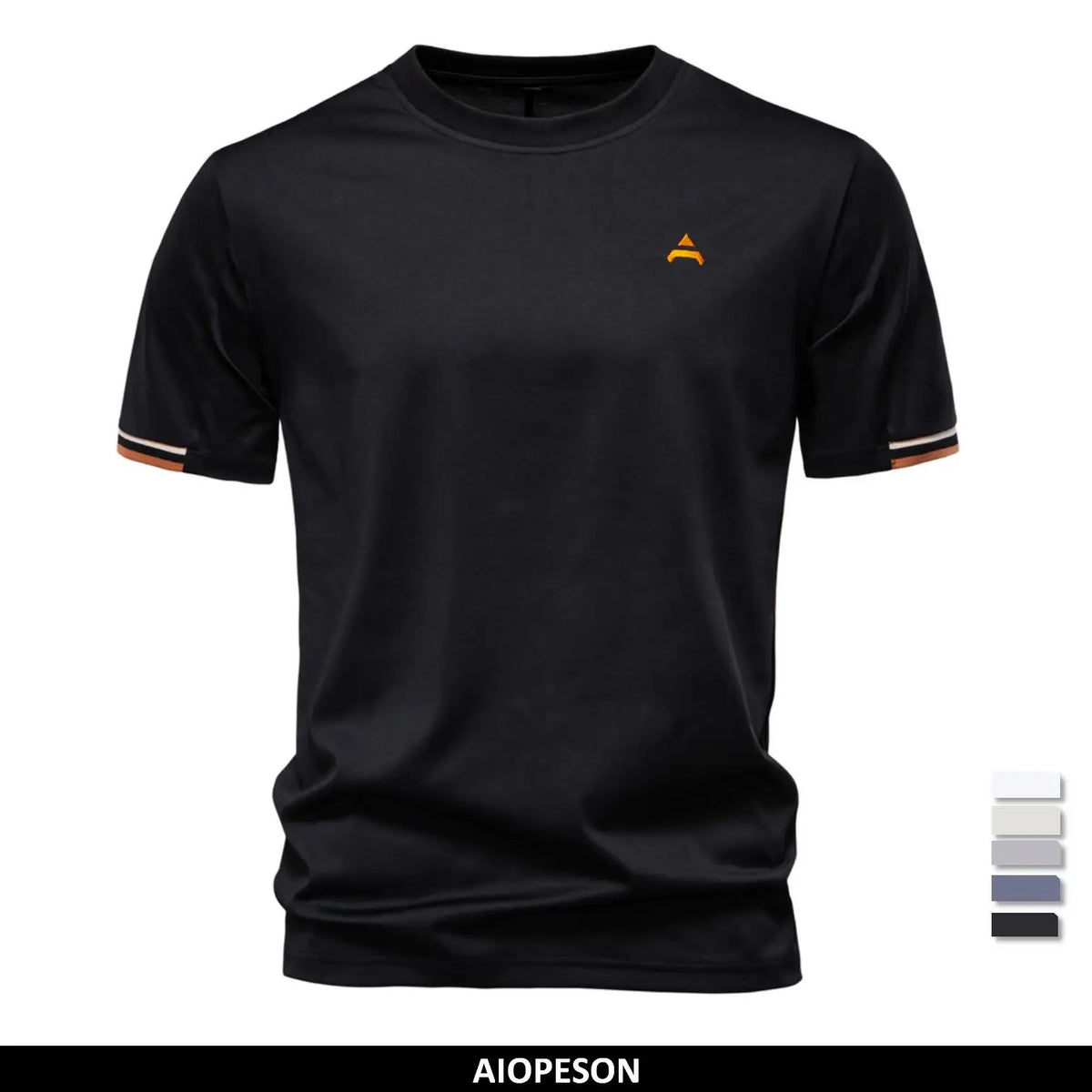 Schwarzes Herren-T-Shirt mit Rundhalsausschnitt und orangefarbenem Logo vorne
