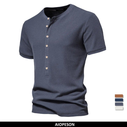 Herren Henley T-Shirt aus Baumwolle im einfarbigen lässigen Design für den Sommer