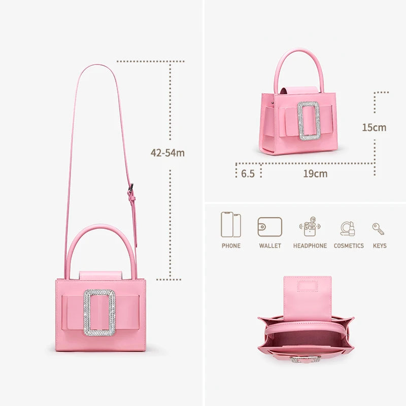 Rosa Abendhandtasche aus echtem Leder mit Maßen, Tragehenkel und Schmuckverschluss