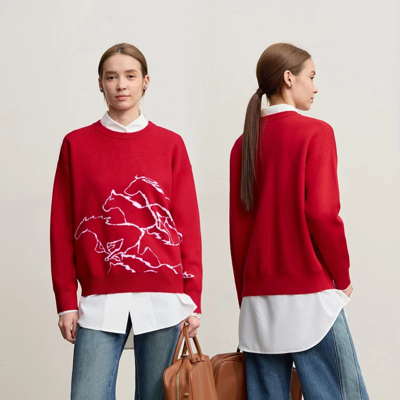 Damen-Rundhalspullover Tier-Jacquard locker Langarm Winter