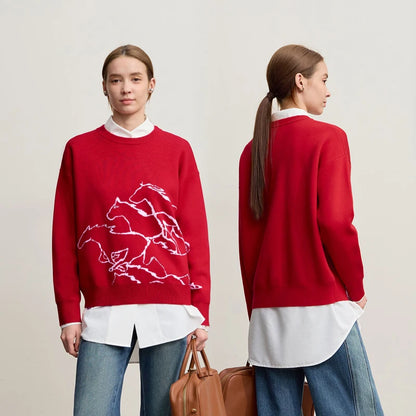 Damen-Rundhalspullover Tier-Jacquard locker Langarm Winter