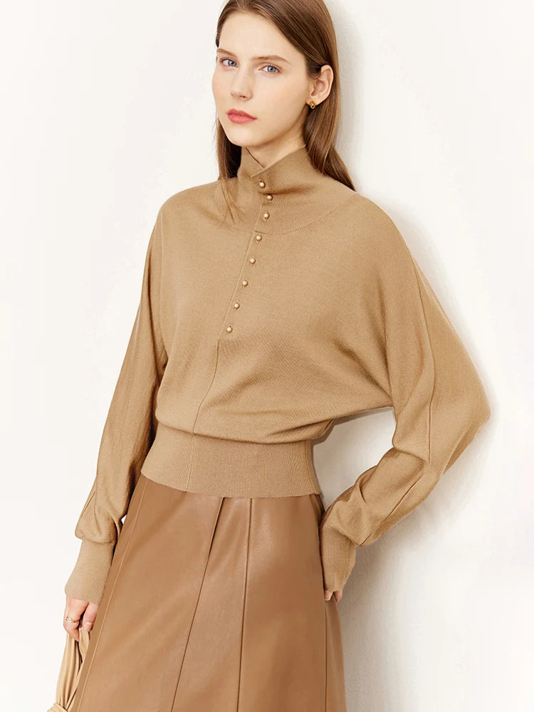 Damen-Rollkragenpullover 100 % Wolle locker Fledermausärmel Herbst