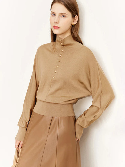 Damen-Rollkragenpullover 100 % Wolle locker Fledermausärmel Herbst