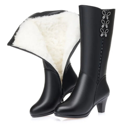 AIYUQI Women High Boots Shiny 2025 New Genuine Leather Wool Warm Women Winter Boots High Heel Fashion Office Boots Women