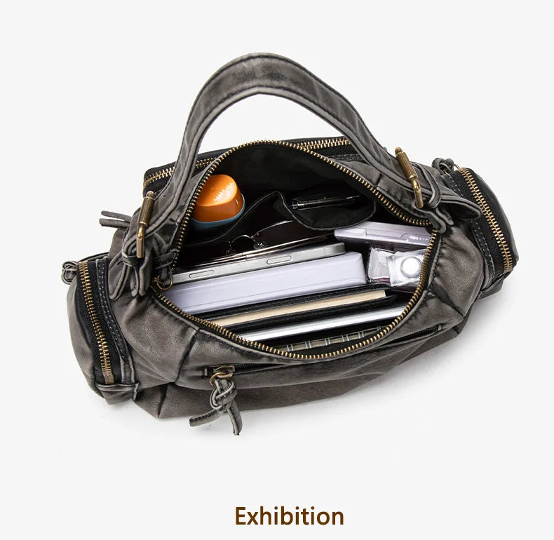 Damen-Hobo-Tasche aus Leder im Vintage-Look mit Mehrfach-Fächern und Tassel-Reißverschluss Alltagsbegleiter