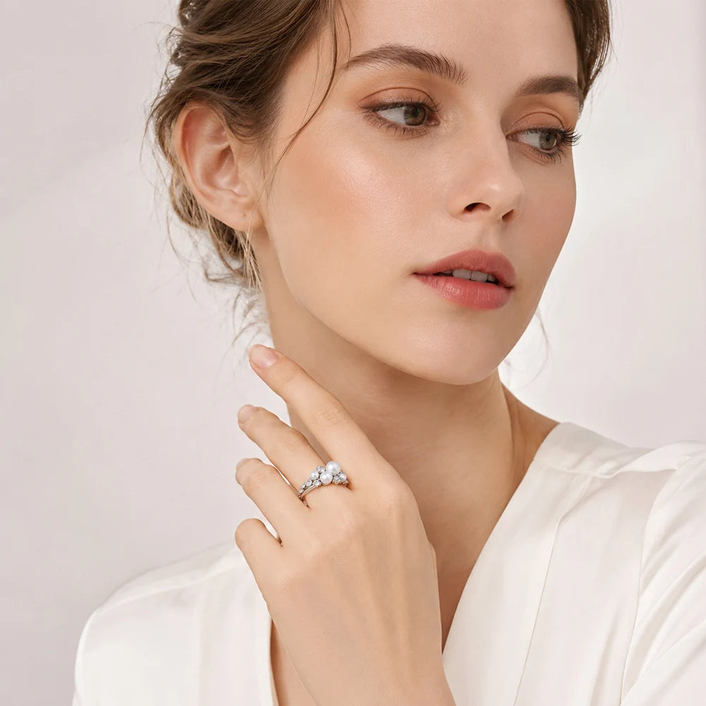 Damen-Ring Süßwasserperlen weiße Steine elegant aus Sterlingsilber