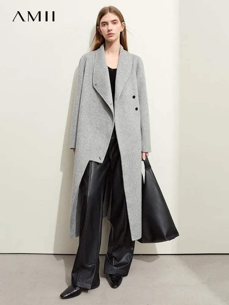 Damen Wollmantel im Minimalistischen Stil mit Stehkragen und Doppelseitigem Schlitz