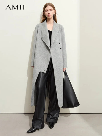 Damen Wollmantel im Minimalistischen Stil mit Stehkragen und Doppelseitigem Schlitz