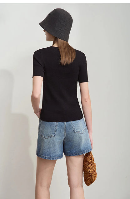 Damen-Rundhalspullover Lyocell Slim Kurzarm figurschmeichelnd Sommer