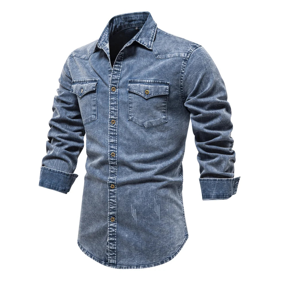 Herren Denim Hemd aus Baumwolle mit doppelten Taschen im lässigen Stil