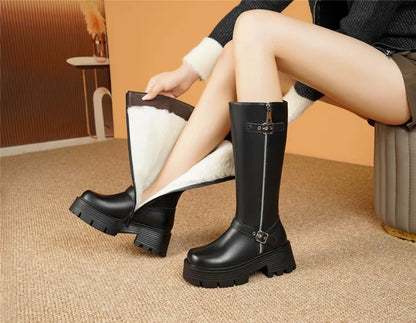 AIYUQI Women Winter Boots Genuine Leather 2025 New Natural Wool Warm Women Tenor Boots British Style Platform Women's Snow Boots