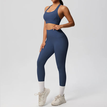 Yoga-Set: navyblaues Sport-Top mit Cutout und Leggings mit Knöchelbund