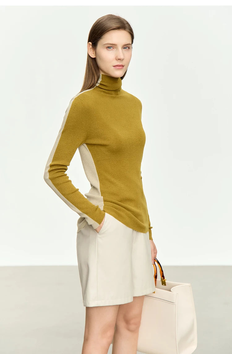 Damen-Rollkragenpullover Wolle-Mix Patchwork schlank Winter