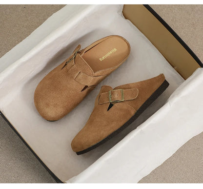 AIYUQI Hausschuhe Frauen Echt Leder 2025, Neue Große Größe 41 42 43 Frauen Sommer Schuhe Retro Oberbekleidung Flache Faule halbe Hausschuhe Frauen