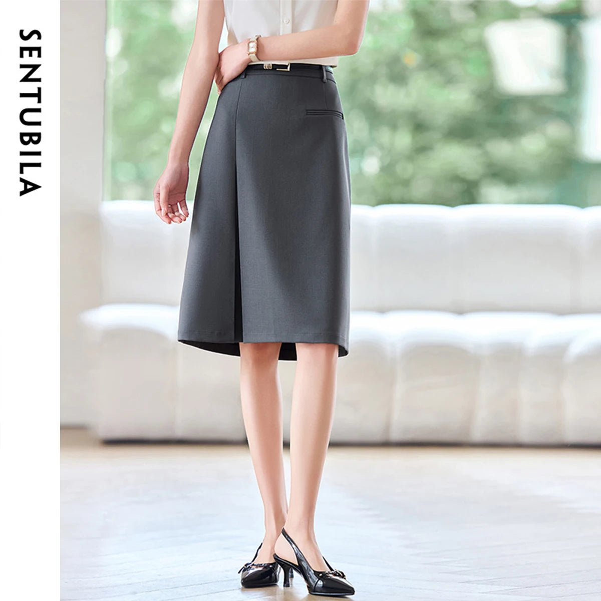 Damen Rock in Grau mit hohen Taille und Falten im Büro-Stil