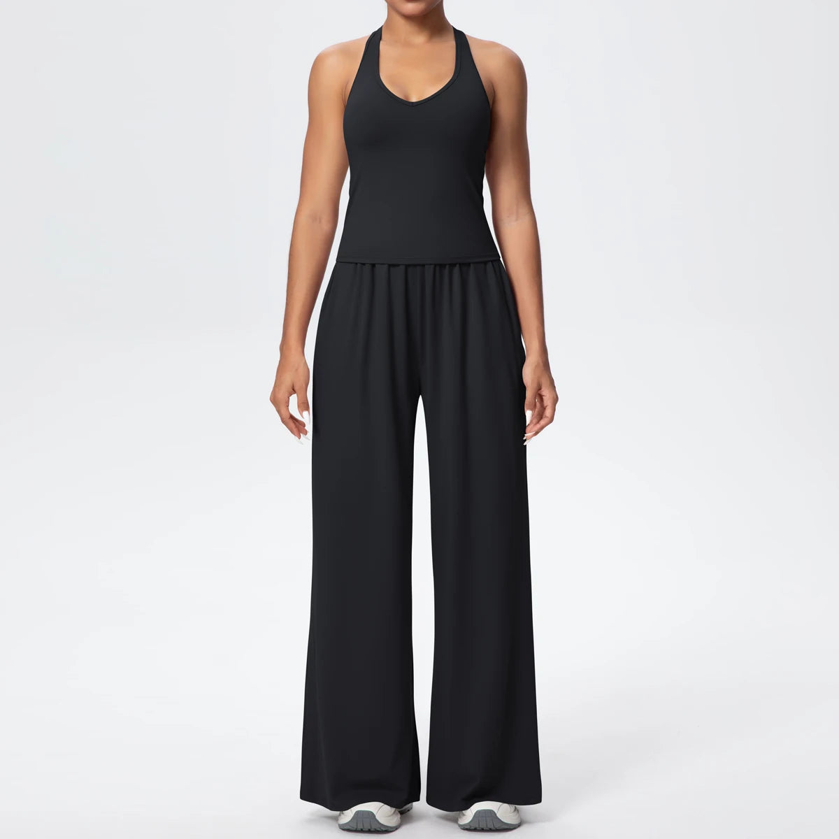 Schwarzes Yoga-Set für Damen: Träger-Top und lange, weite Hose mit Raffung am Bund