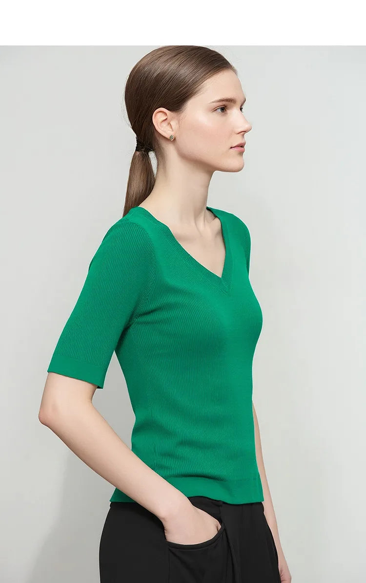 Damen V-Ausschnitt Pullover Viskose Halbarm Slim Büro Sommer
