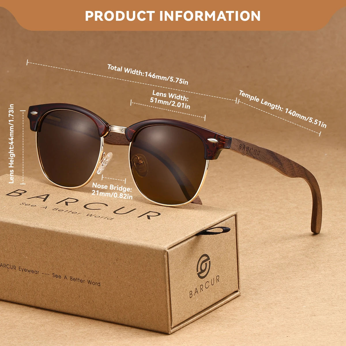 Sonnenbrille Halbrahmen Retro rund UV400 polarisiert Walnuss-Bügel