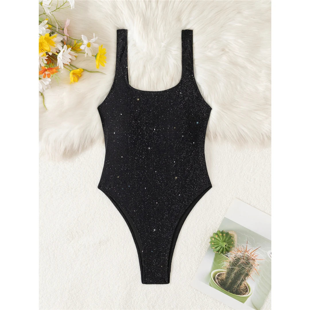 Damen-Badeanzug Glitzer Cut-Out rückenfrei High-Leg gepolstert