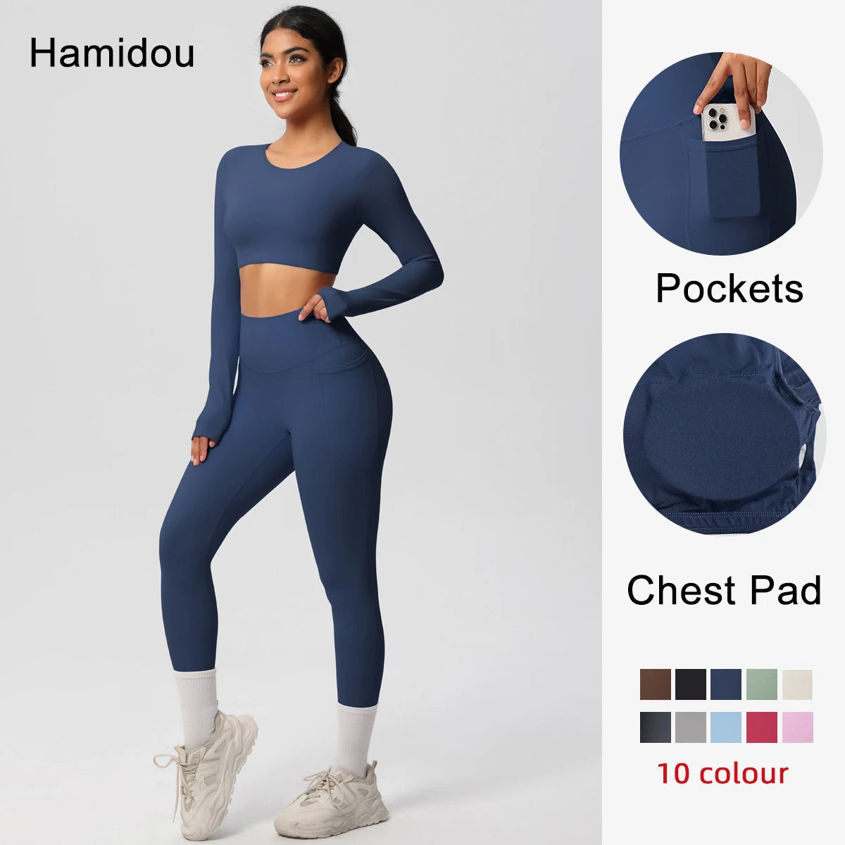 Dunkelblaues Yoga-Set mit langen Ärmeln, Leggings, Taschen und Brustpolsterung