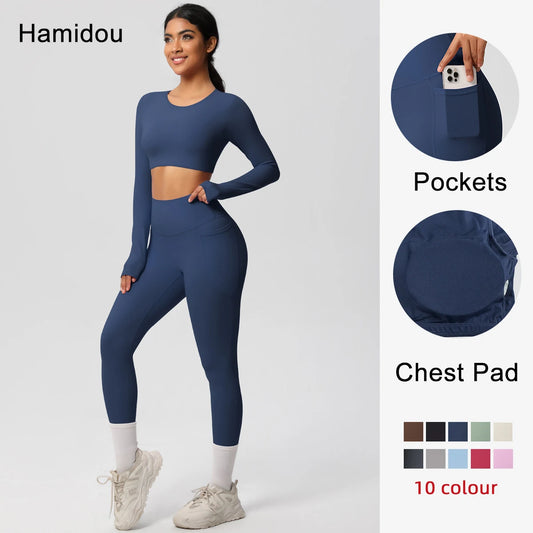 Dunkelblaues Yoga-Set mit langen Ärmeln, Leggings, Taschen und Brustpolsterung