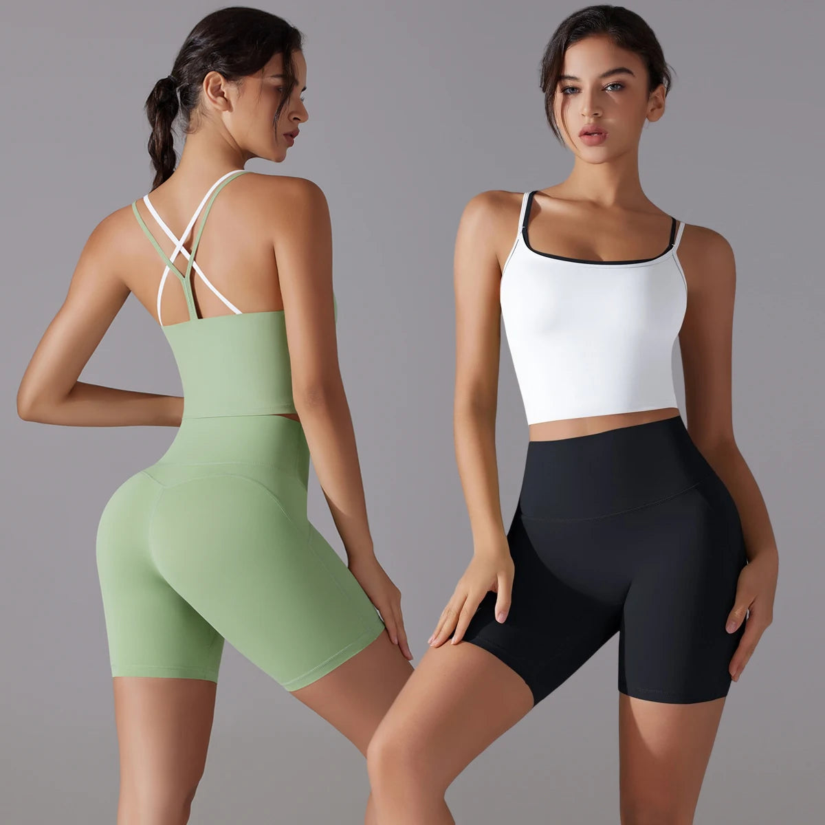 Avocado-grünes Yoga-Set mit Rücken-Crop-Top und kurzen Leggings